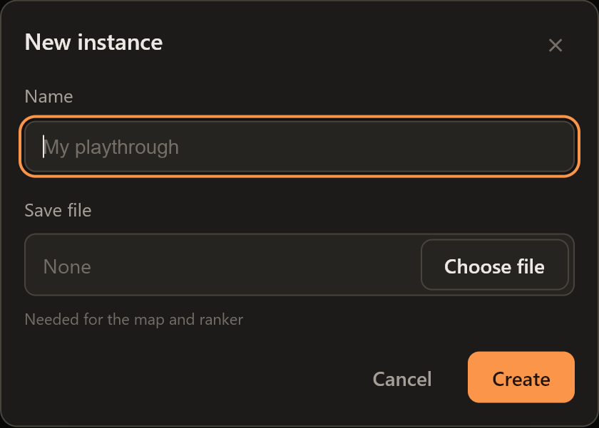 The New instance dialog: a name and a save file