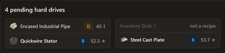 Each pending hard drive with its two choices and their scores